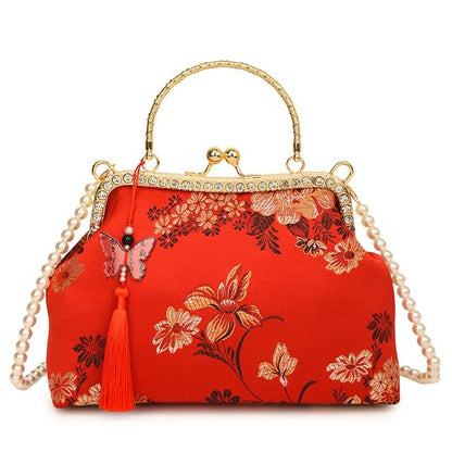 Bag Faux Kiss Embroidered Tassel Strap Pearl Crossbody Floral Lock