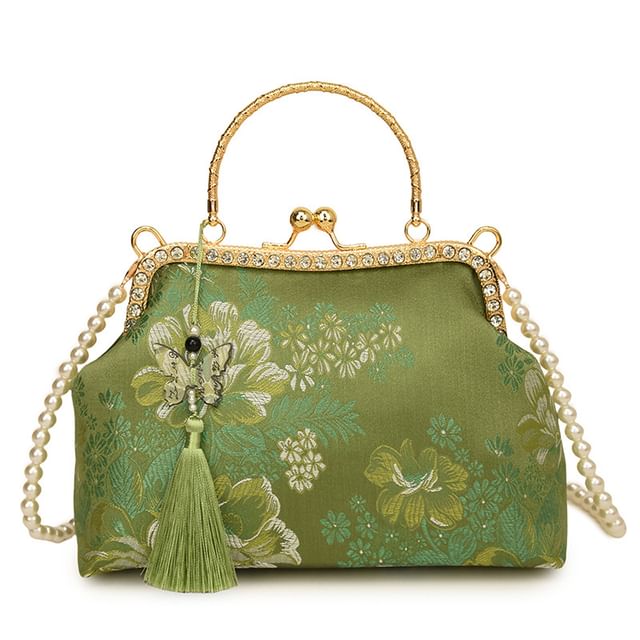 Bag Faux Kiss Embroidered Tassel Strap Pearl Crossbody Floral Lock