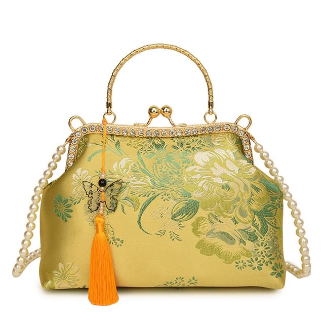 Bag Faux Kiss Embroidered Tassel Strap Pearl Crossbody Floral Lock
