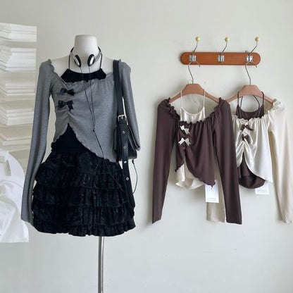 / Top Long-Sleeve Mini Asymmetrical Halter Crop Neck Square Set Skirt A-Line