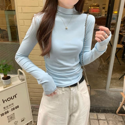 Long-Sleeve Mock Neck Plain Ruched Slim Fit Tee