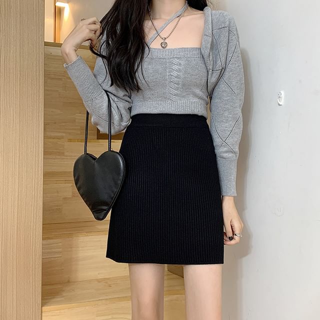 High Rise Plain Knit Mini A-Line Skirt