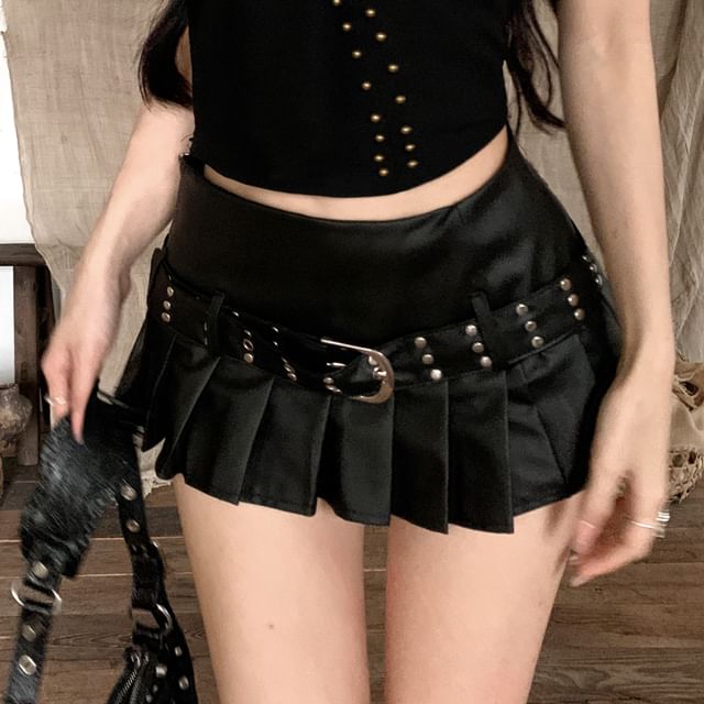 Belted Halter Skirt Faux / Pleated A-Line Leather Studded Mid Rise Top Mini Plain
