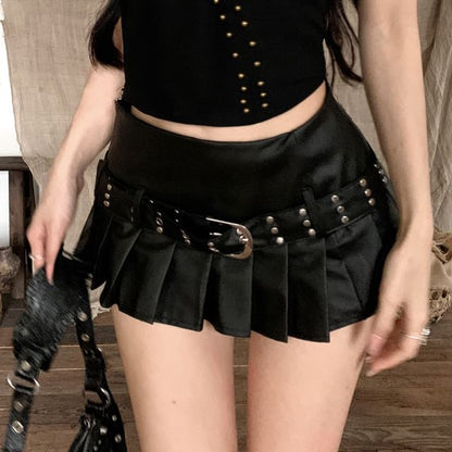 Belted Halter Skirt Faux / Pleated A-Line Leather Studded Mid Rise Top Mini Plain