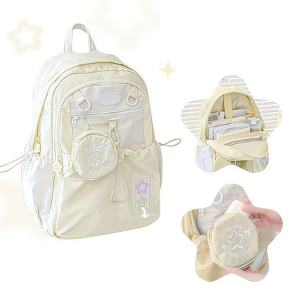 Set: Star Embroidered Drawstring PVC Panel Nylon Backpack + Coin Purse