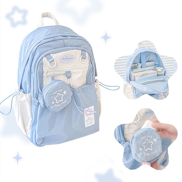 Set: Star Embroidered Drawstring PVC Panel Nylon Backpack + Coin Purse