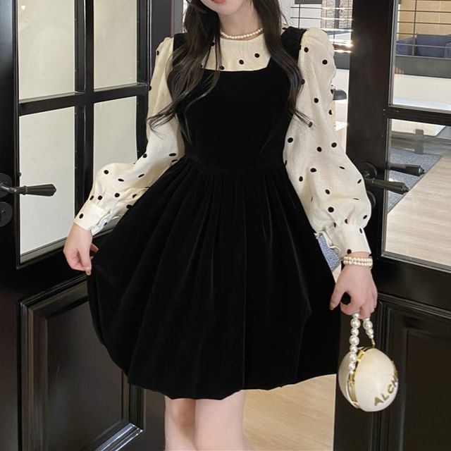 Long-Sleeve Crew Neck Dotted Blouse / Square Neck Plain Velvet Mini A-Line Jumper Dress