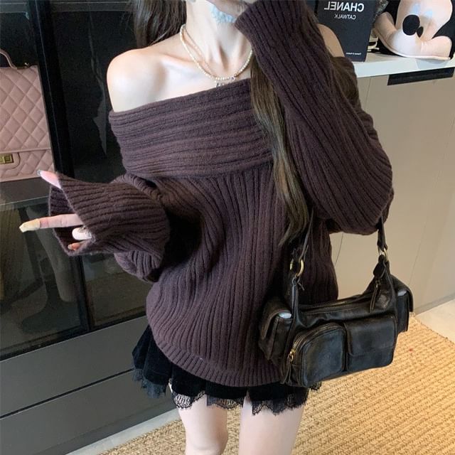 Off-Shoulder Plain Oversized Sweater