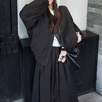 Plain Zip-Up Bomber Jacket / High Rise Pleated Maxi A-Line Skirt