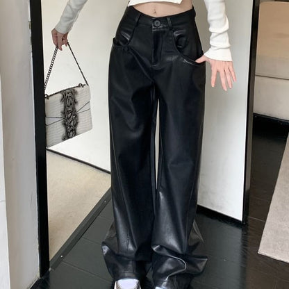 High Waist Plain Faux Leather Wide Leg Pants