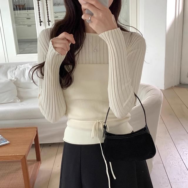 Set: Long Sleeve Round Neck Plain Ribbed Knit Top + Tube Top