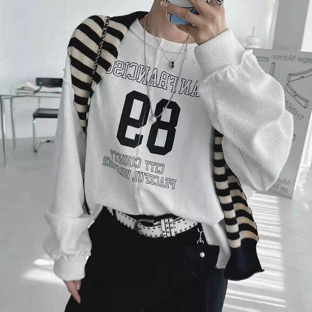 Round Neck Numbering Lettering Print Panel Sweatshirt