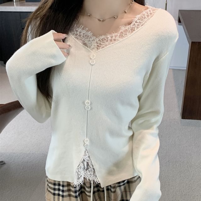 Long-Sleeve V-Neck Plain Lace Panel Button Accent Knit Top