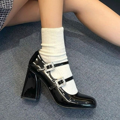 Leather Heel Pumps Jane Buckled Chunky Mary Patent Rhinestone