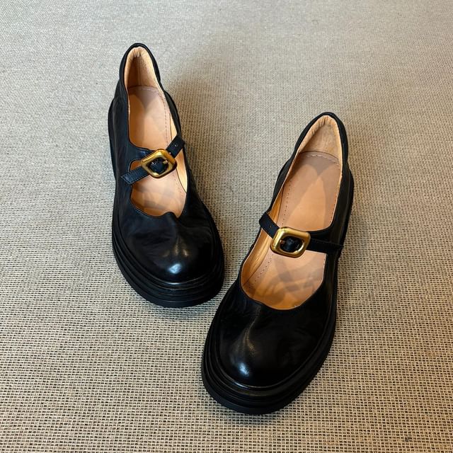 Faux Plain Heel Leather Chunky Shoes Buckled Jane Mary