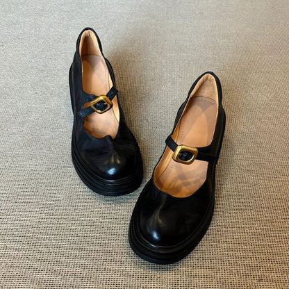 Faux Plain Heel Leather Chunky Shoes Buckled Jane Mary