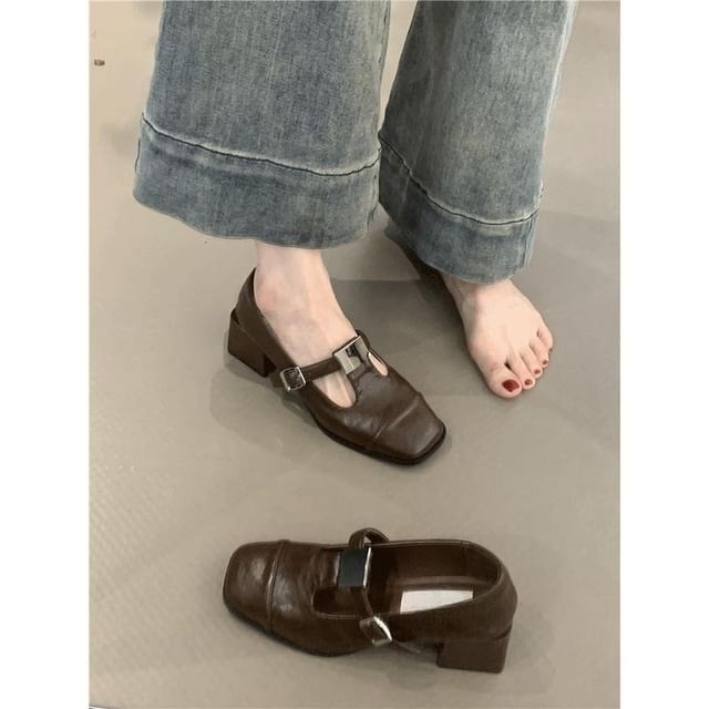 Heel Mary Plain Faux Leather Square Pumps T-Strap Chunky Jane Toe