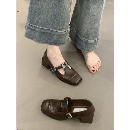 Heel Mary Plain Faux Leather Square Pumps T-Strap Chunky Jane Toe