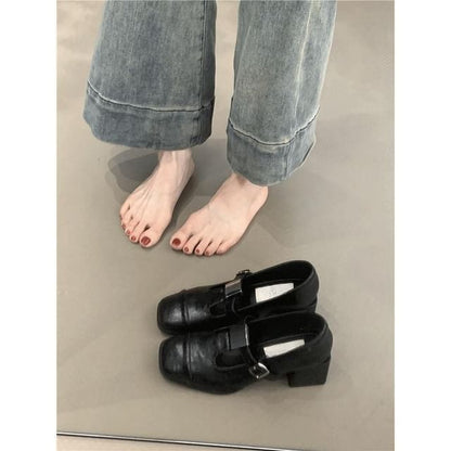 Heel Mary Plain Faux Leather Square Pumps T-Strap Chunky Jane Toe