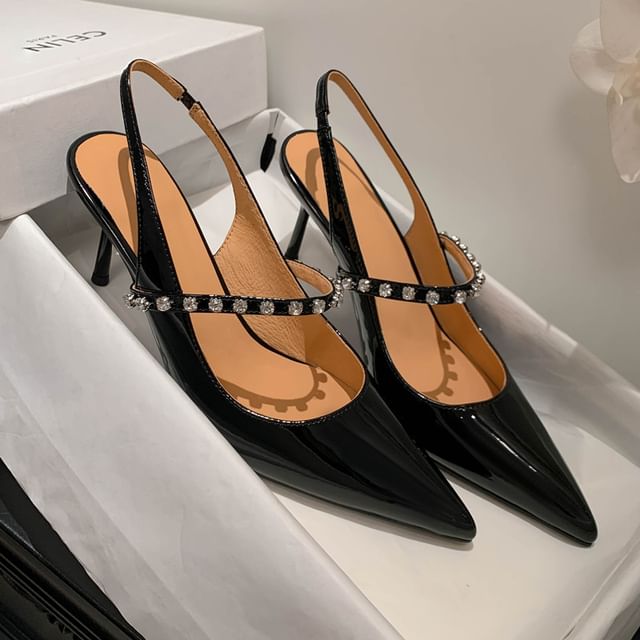 Sandals Stiletto Rhinestone Pointed Toe Leather Slingback Patent Accent
