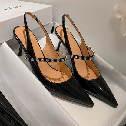 Sandals Stiletto Rhinestone Pointed Toe Leather Slingback Patent Accent