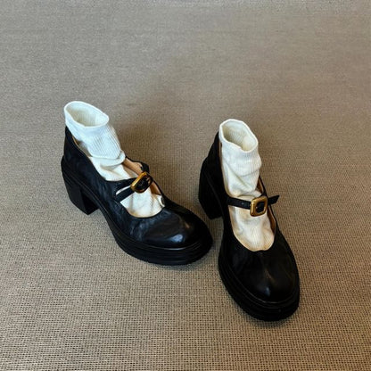 Faux Plain Heel Leather Chunky Shoes Buckled Jane Mary