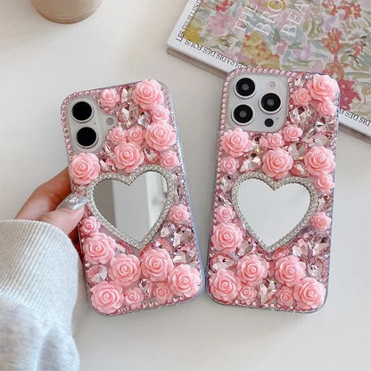 Mirrored Case Rose Phone Rhinestone
