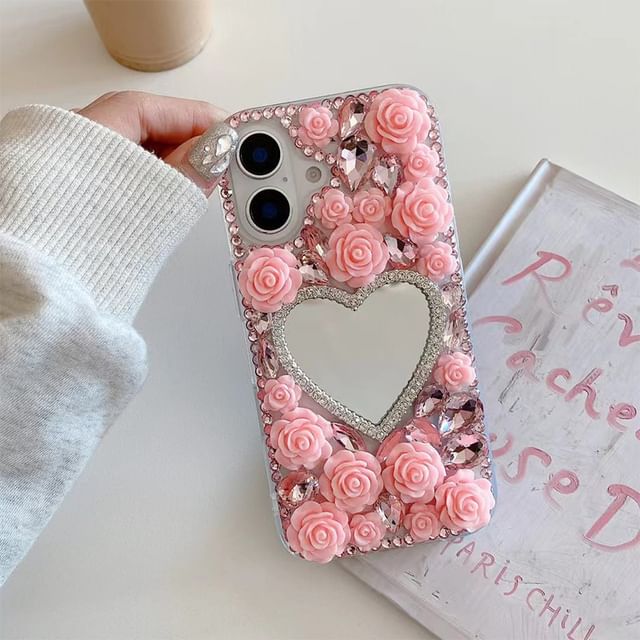 Mirrored Case Rose Phone Rhinestone