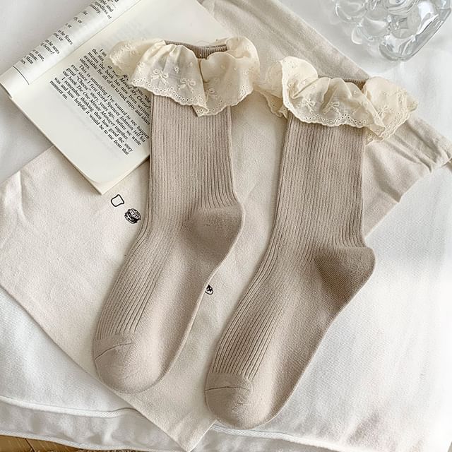 Plain Lace Trim Ribbed Socks