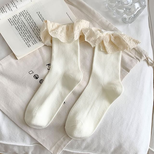 Plain Lace Trim Ribbed Socks