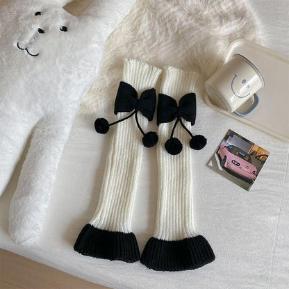 Two Tone Bow Pom Pom Ribbed Knit Leg Warmers