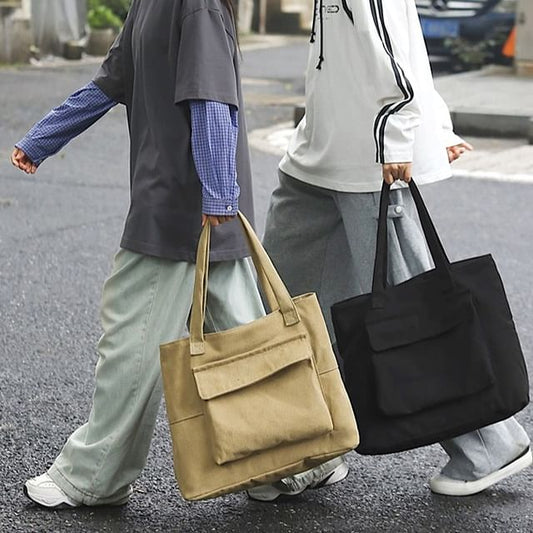 Canvas Pocket Bag Plain Flap Tote