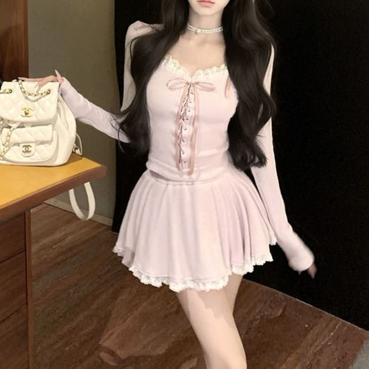 Neck Plain Scoop Mini Rise Top Hooded Trim Skirt Long-Sleeve A-Line Lace Mid /