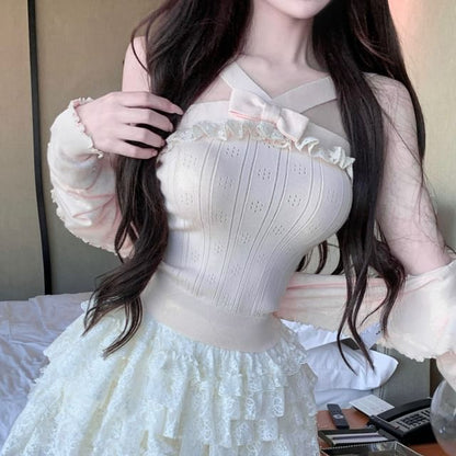 Mini Skirt Cardigan Waist Trim / Bowknot A-Line Knit Cami Top Ribbed Ruffle Mid Lace Plain