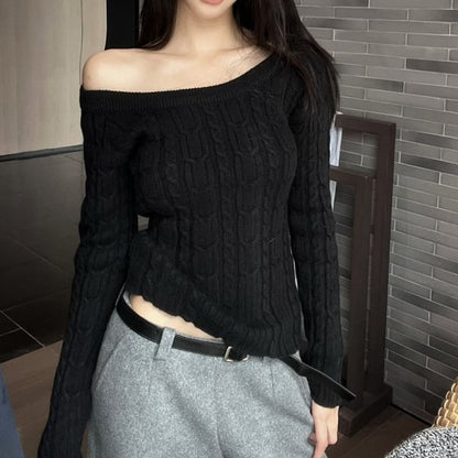 Neck Plain Sweater Knit Cable Scoop