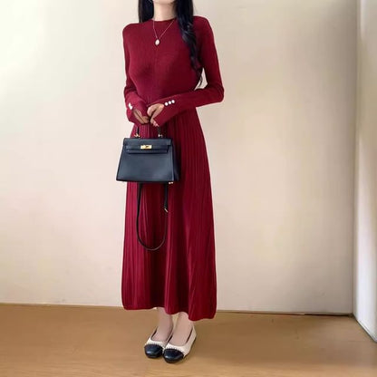 Long-Sleeve Crew Neck Plain Ribbed Knit Maxi A-Line Dress