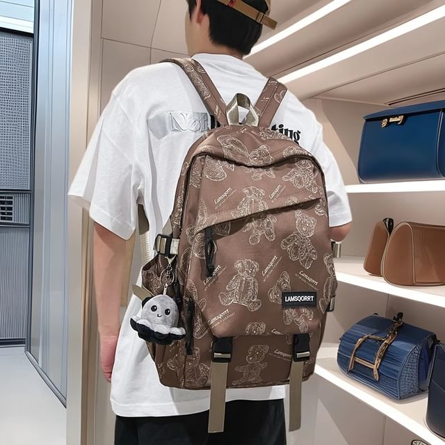 Bear Nylon Print Buckled Backpack