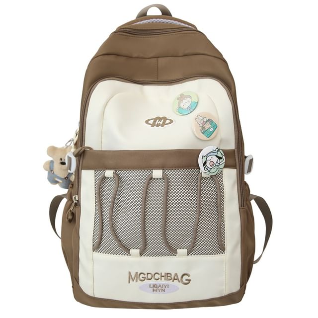 Brooch Set / Panel Drawstring Lettering Backpack Nylon Mesh Embroidered