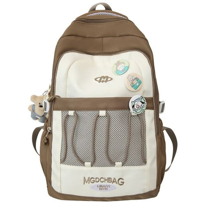 Brooch Set / Panel Drawstring Lettering Backpack Nylon Mesh Embroidered