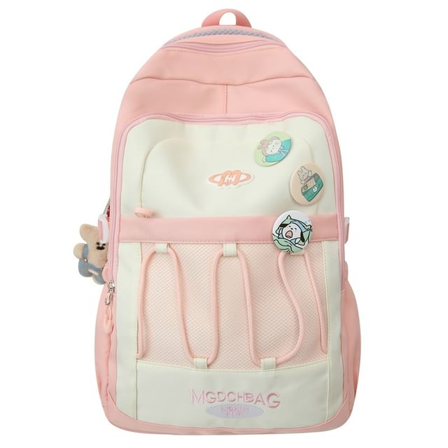 Brooch Set / Panel Drawstring Lettering Backpack Nylon Mesh Embroidered