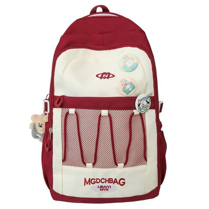 Brooch Set / Panel Drawstring Lettering Backpack Nylon Mesh Embroidered