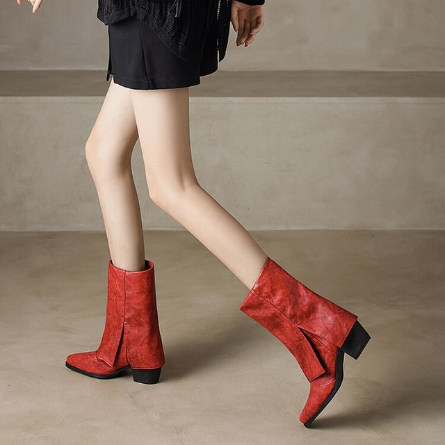 Heel Mid Calf Panel Boots Block Toe Square