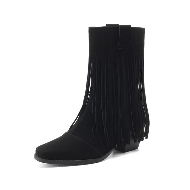 Block Toe Suede Boots Faux Heel Calf Fringe Square Mid