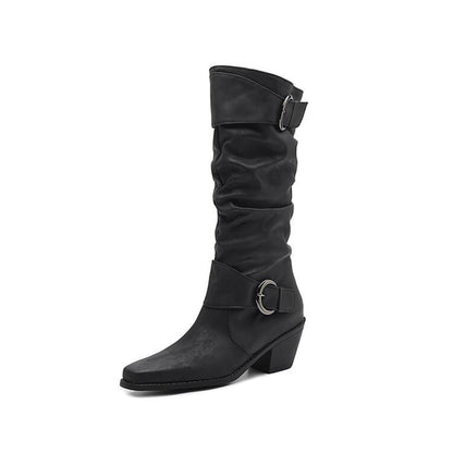 Buckled Boots Toe Knee Block Square High Heel