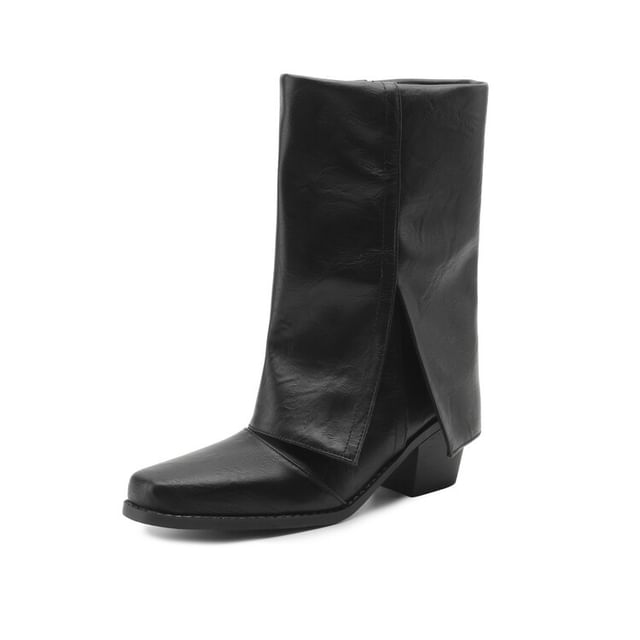 Heel Mid Calf Panel Boots Block Toe Square