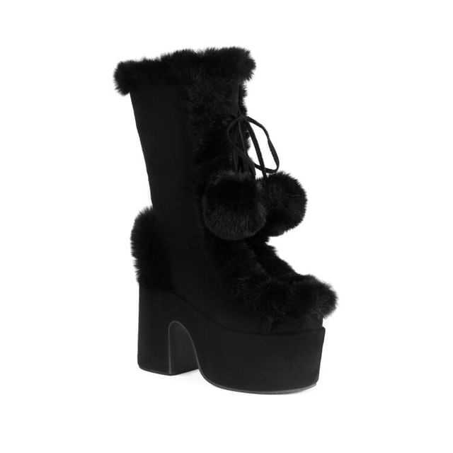 Fluffy Mid Platform Heel Calf Pom Boots Block Panel