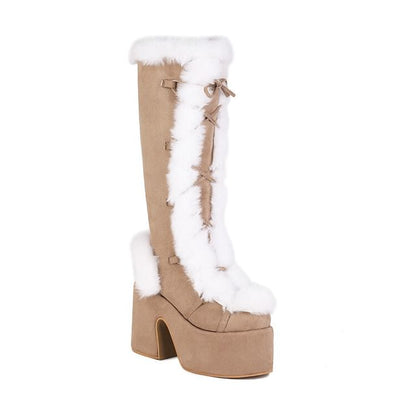 Panel Suede Knee Platform Fluffy Lace Boots Up High Faux