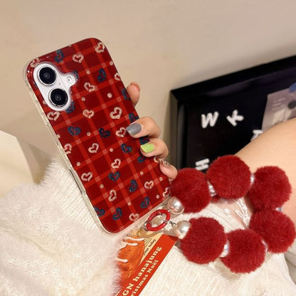 Set Strap Phone Plaid Heart Pom Case /
