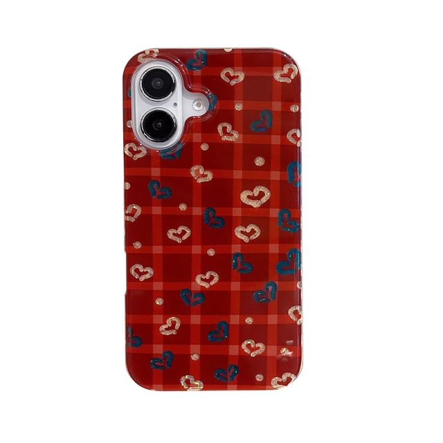 Set Strap Phone Plaid Heart Pom Case /
