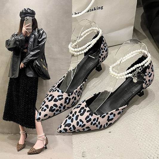 Ankle Sandals Strap Heel Pointed Leopard Print Kitten